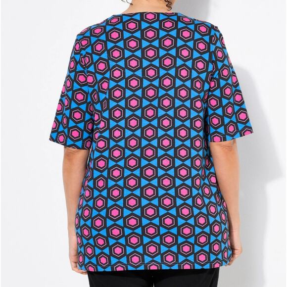 Ulla Popken Top 24/26 Womens Geometric Split Neck Cotton Blend Short Sleeve New - Picture 5 of 10